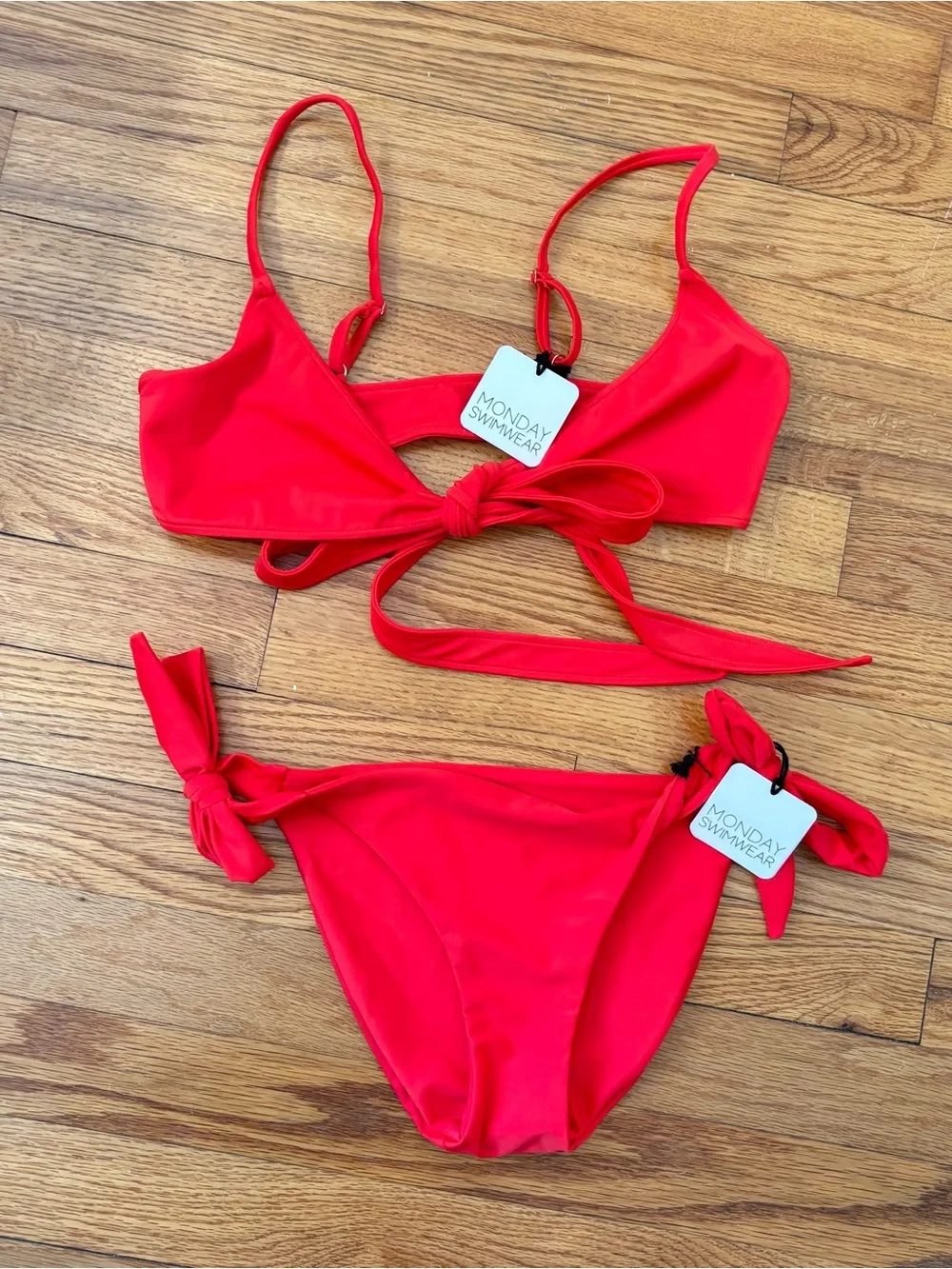 Monday Swimwear NWT Two Piece Bikini Set Chili Pepper Tie Front Top Red